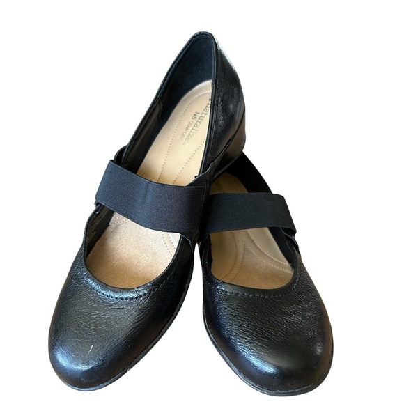 NATURALIZER ANDE Woman Shoes Black Leather Wedge Stretchy Strap Size 8.5M - Picture 1 of 11